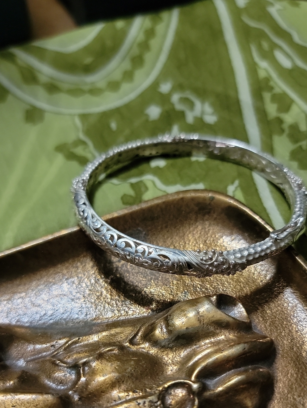 925 Sterling Silver Intricate Floral Engraved Bangle Bracelet - Picture 2 of 5